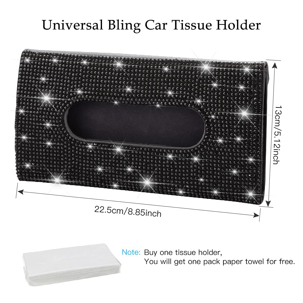 Car Tissue Holder, Sun Visor Napkin Holder Tissue Refill 1 Pcs Black Rhinestone