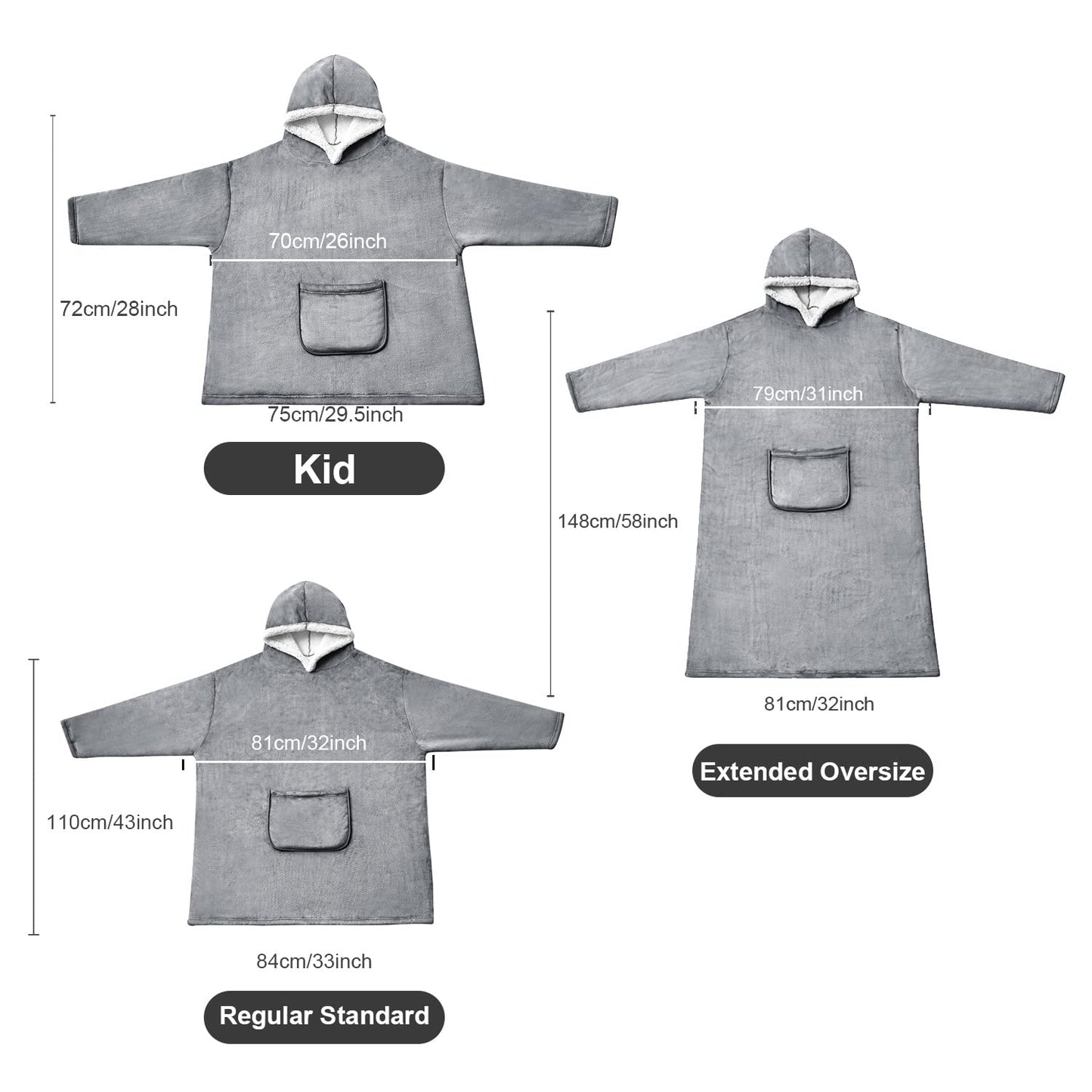 Hansleep Hoodie Blanket with Pocket for Adults - Grey Long 32" x 58"