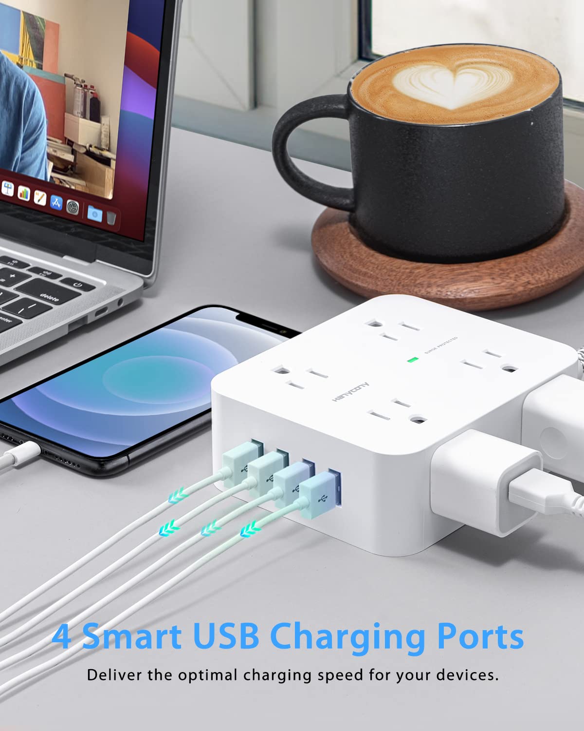 Surge Protector Power Strip - 8 Widely Outlets + 4 USB Charging Ports, 5-ft cord