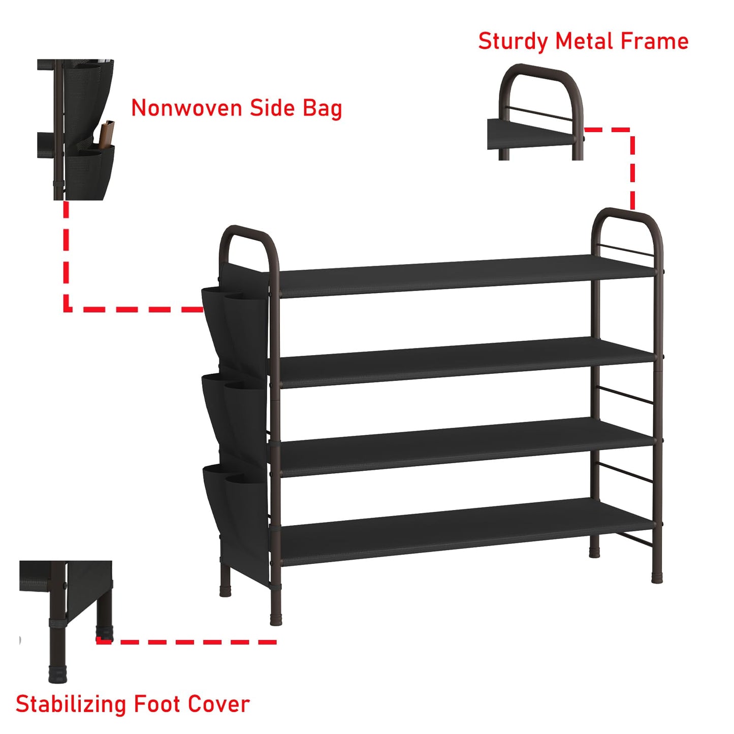 Shoe Rack Storage Organizer 4 Tier Free Standing Metal Shoe Shelf - Bronze