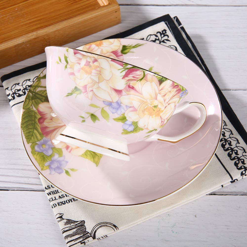 Pink Floral Tea Cup and Saucer Set, Bone China Tea Set, Coffee Cup, 7oz.