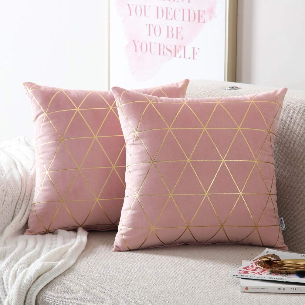 Pack of 2 Throw Pillow Covers Cases - Square Cushion Covers 18"x18" - Pink/gold