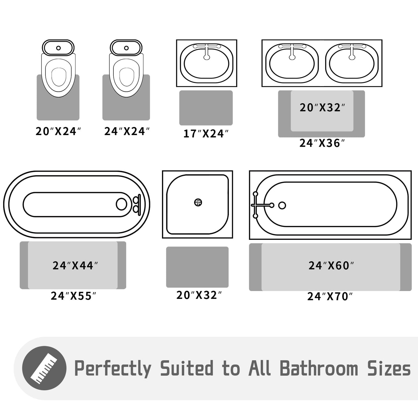 Luxury Chenille Bath Mat, 55"x24", Soft Shaggy and Comfortable, Dark Gray