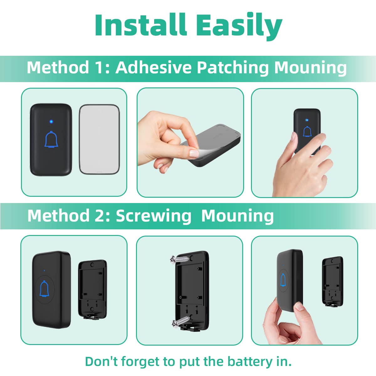 Doorbell Wireless IP66 Waterproof 115dB with 56 Chimes 1000ft Range 7 Levels Vol