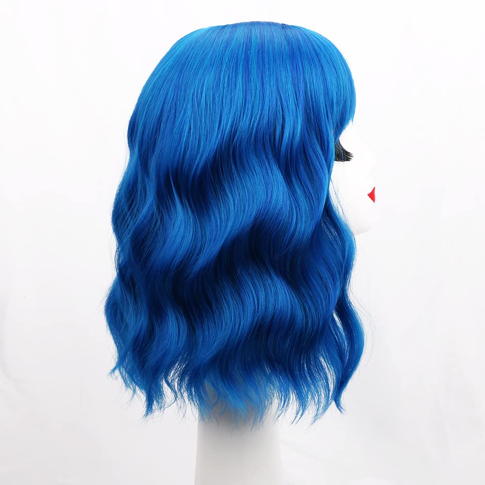 Bob Wig with Bangs Loose Wavy Wig Shoulder Length Cosplay Colorful Wigs - Blue
