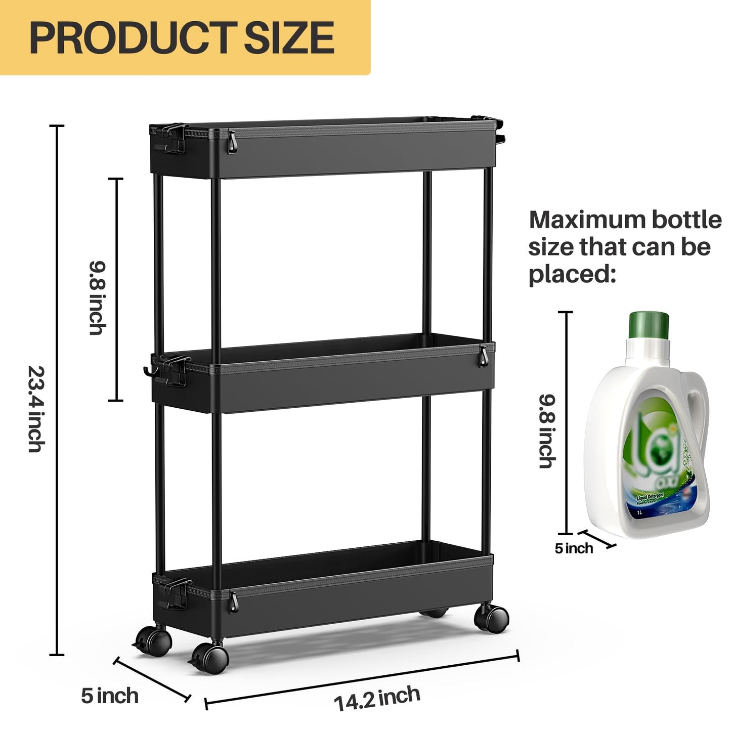 SPACEKEEPER Slim Rolling Storage Cart, 3 Tier Utility Cart Mobile , Black