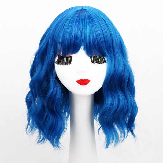 Bob Wig with Bangs Loose Wavy Wig Shoulder Length Cosplay Colorful Wigs - Blue