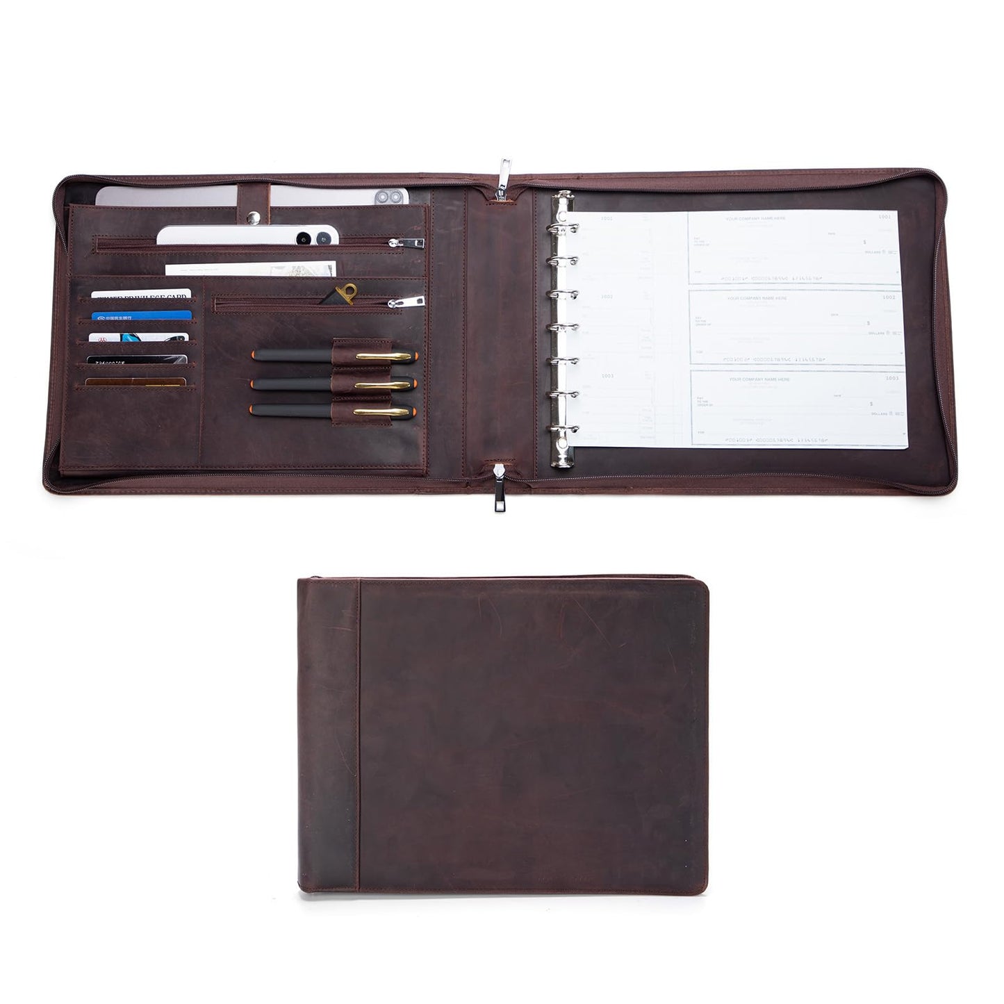 Genuine Leather 7 Ring Check Binder,Business Checkbook Holder 9 x 13” Dark Brown