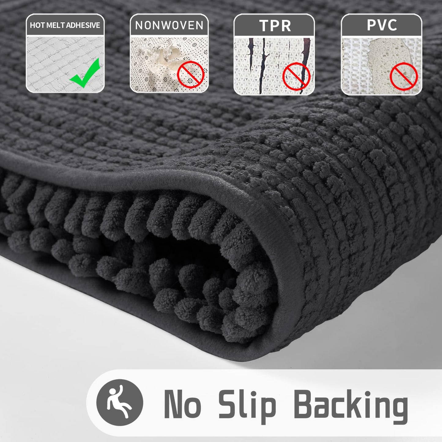 Luxury Chenille Bath Mat, 55"x24", Soft Shaggy and Comfortable, Dark Gray