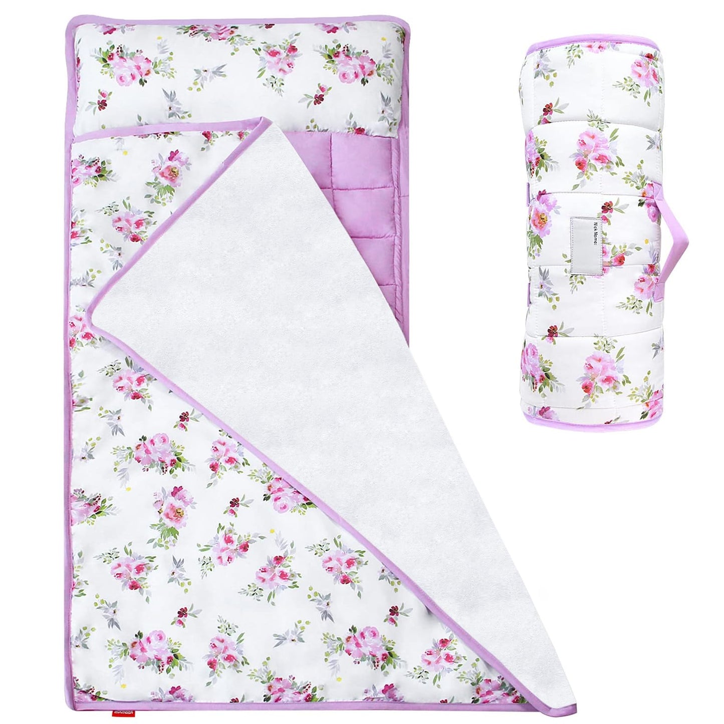 Toddler Nap Mat for Girls Floral with Pillow and Fleece Blanket, Lightweight
