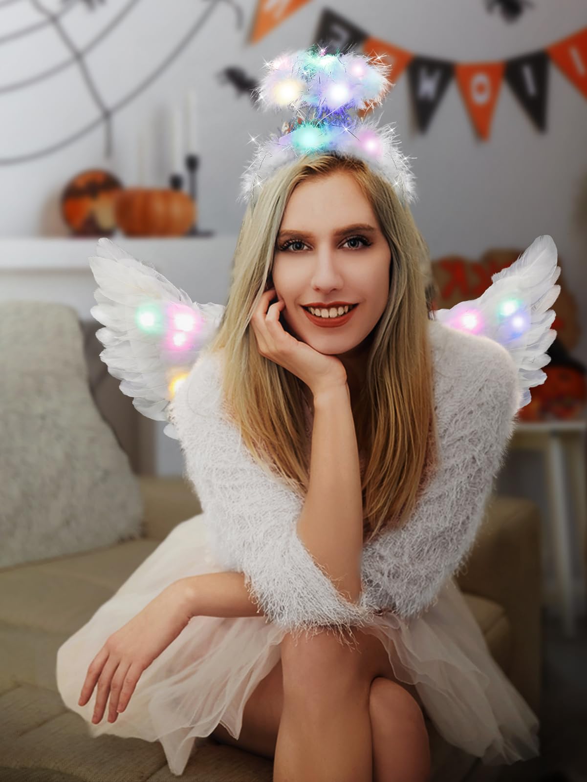 Halloween LED Angel Wings and Halo, Light Up Angel Halo White Fairy Cupid Wings
