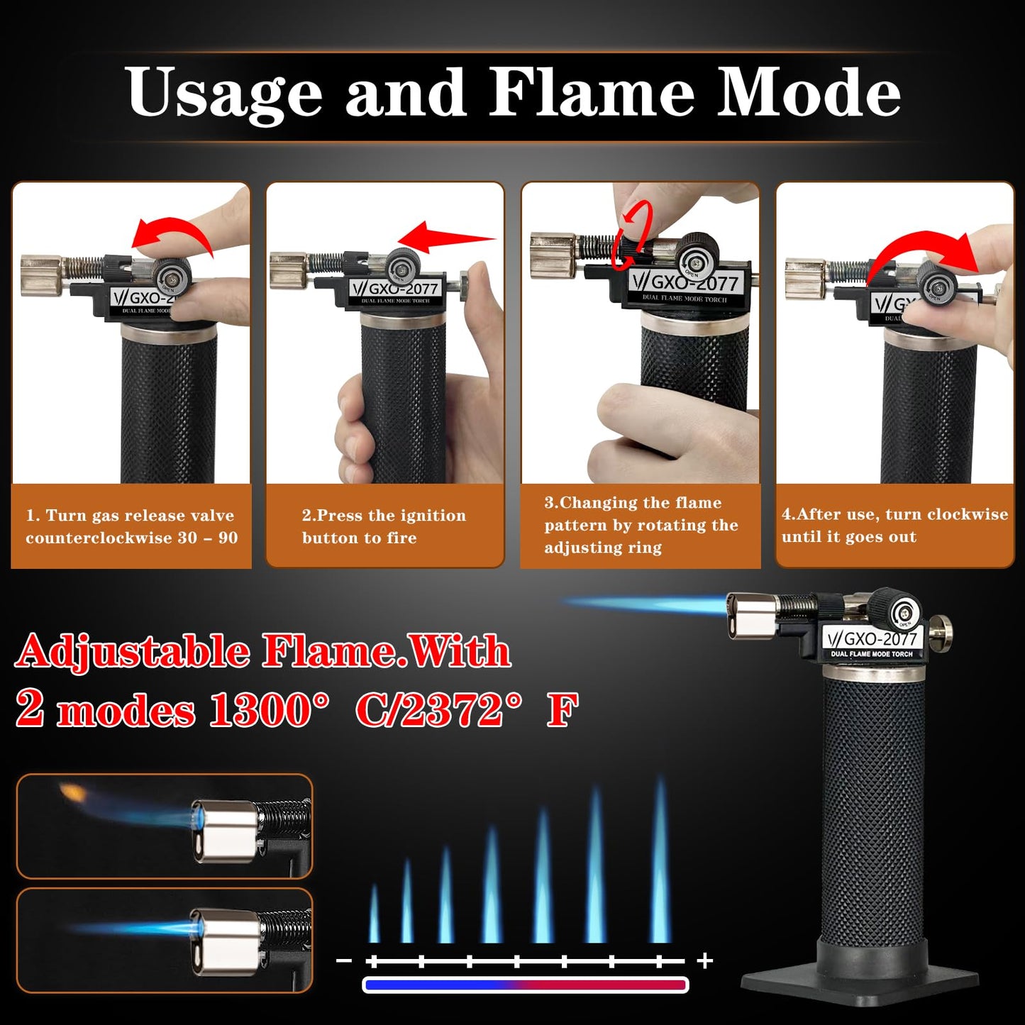 Butane Torch Lighter, Dual Flame Mode Torche, Refillable, Adjustable Flame Blow