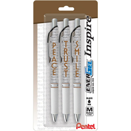 3 Pens, ENERGEL Pentel Inspire Medium Point 0.7mm, Peace/Trust/Smile, Black Ink