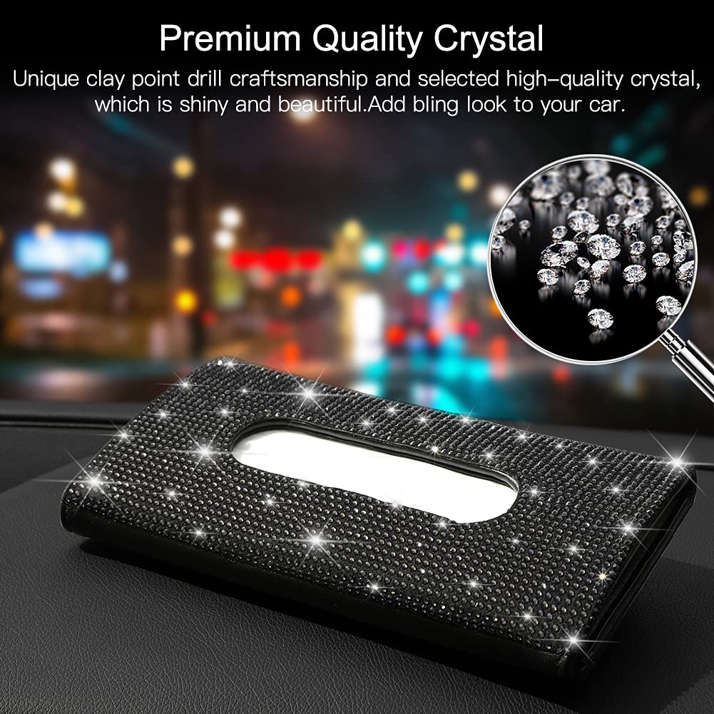 Car Tissue Holder, Sun Visor Napkin Holder Tissue Refill 1 Pcs Black Rhinestone