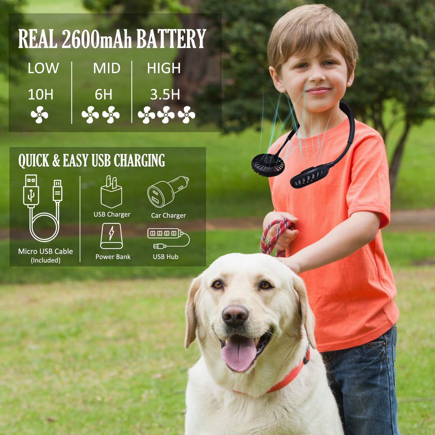 Neck Fan, USB Rechargeable Battery Personal Portable Fan Hands Free 10 Hours NEW