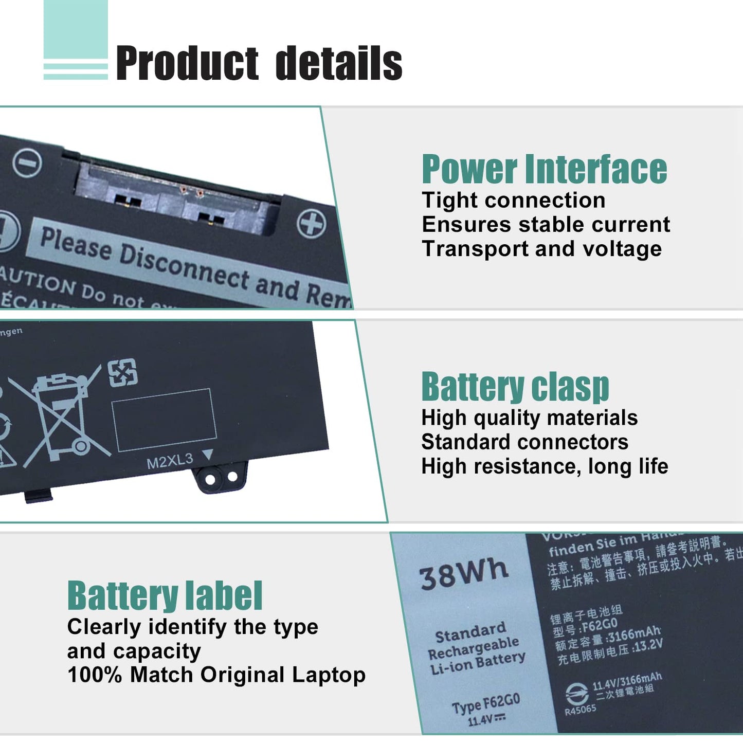 38WH F62G0 39DY5 Battery for select Dell Inspiron 13 7000 & select Vostro 13