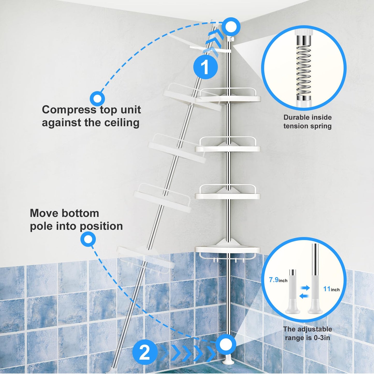 Corner Shower Tension Pole: Adjustable Stainless Steel Organizer 4 Tier Shelf
