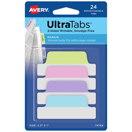 24pc Avery Margin Repositionable Tabs, 2.5x1", 2-Side Writable, Pastel Colors