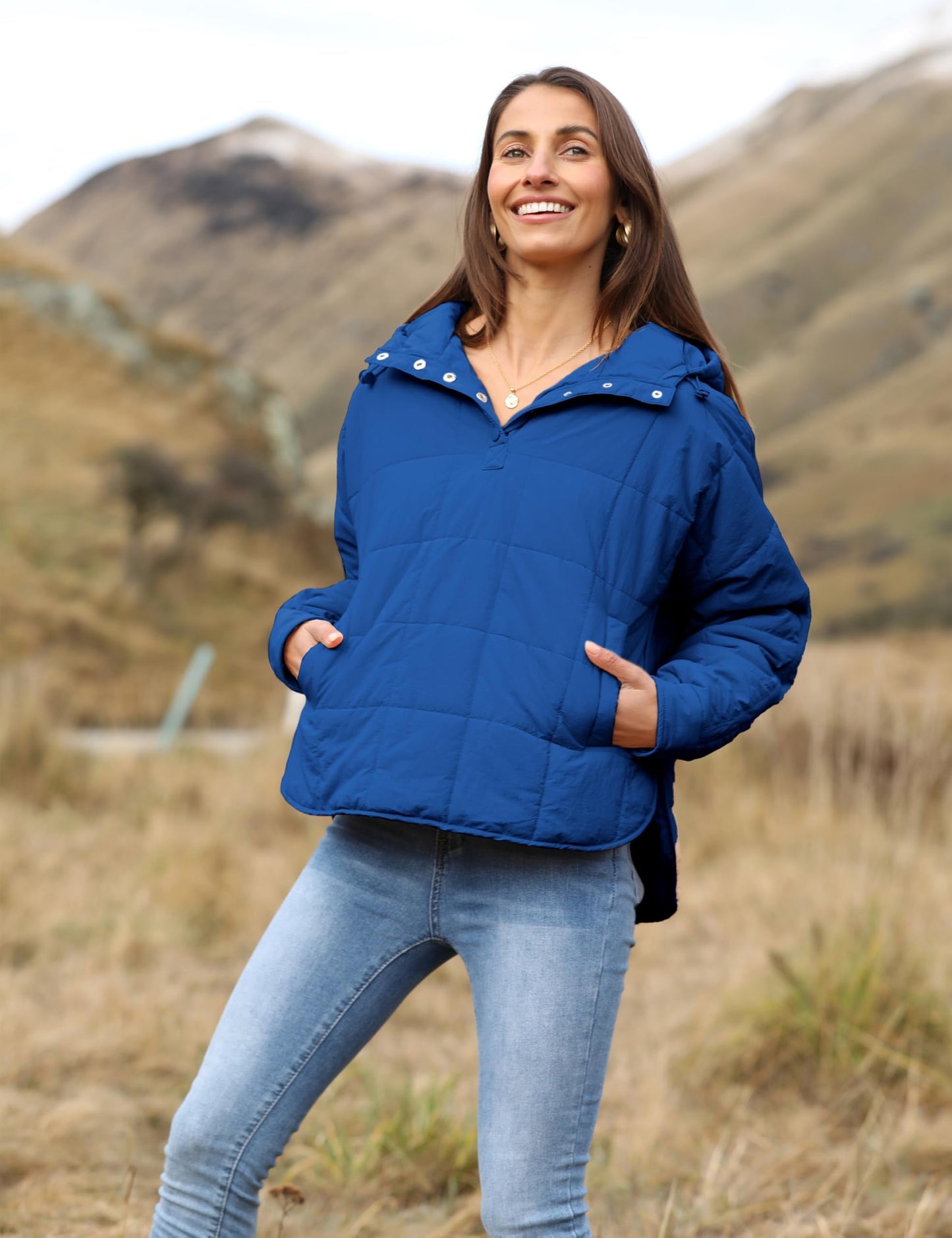 Women's Oversized Hooded Puffer Quilted Lightweight Winter Warm Pullover, Blue, LARGE