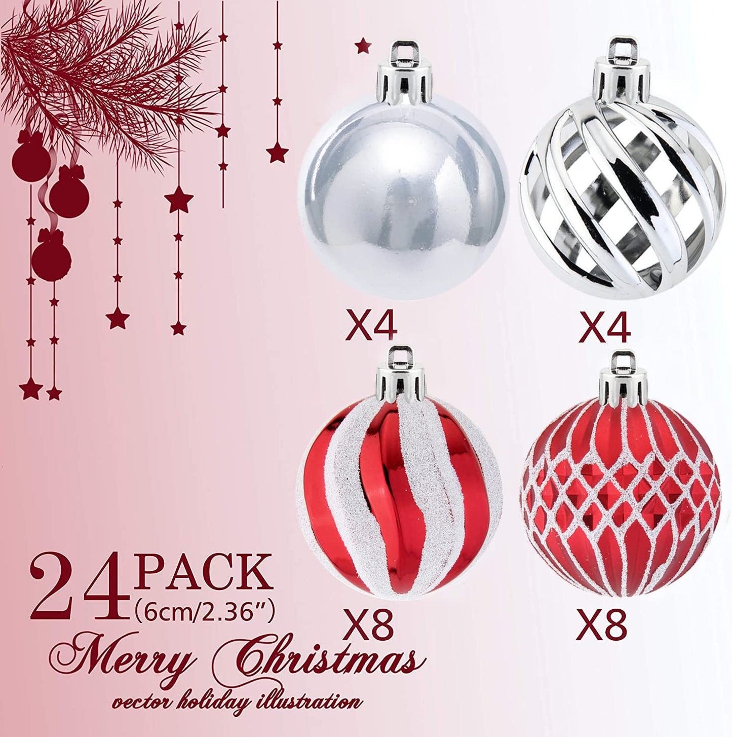 24pcs 2.36'' Christmas Tree Balls Ornaments Shatterproof Colorful Glittering