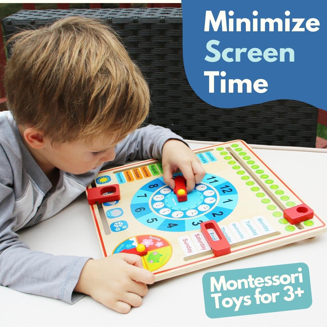 All About Today Board - Wooden Calendar and Learning Clock Montessori Toys  3+