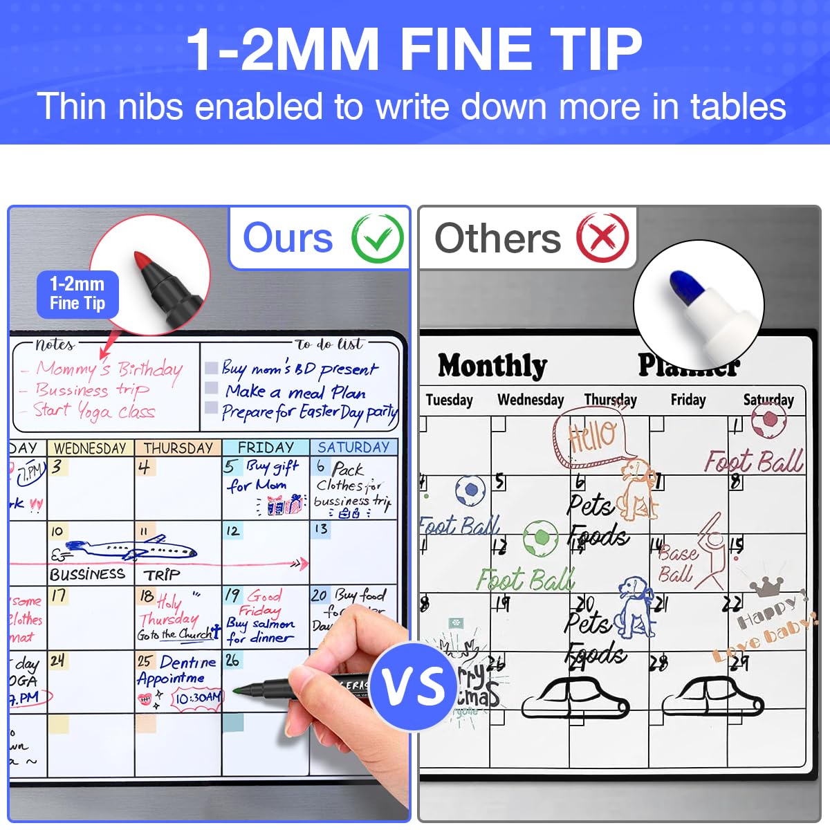 Magnetic Dry Erase Markers, 1-2mm Fine Point Tip, 12 markers/colors per pack