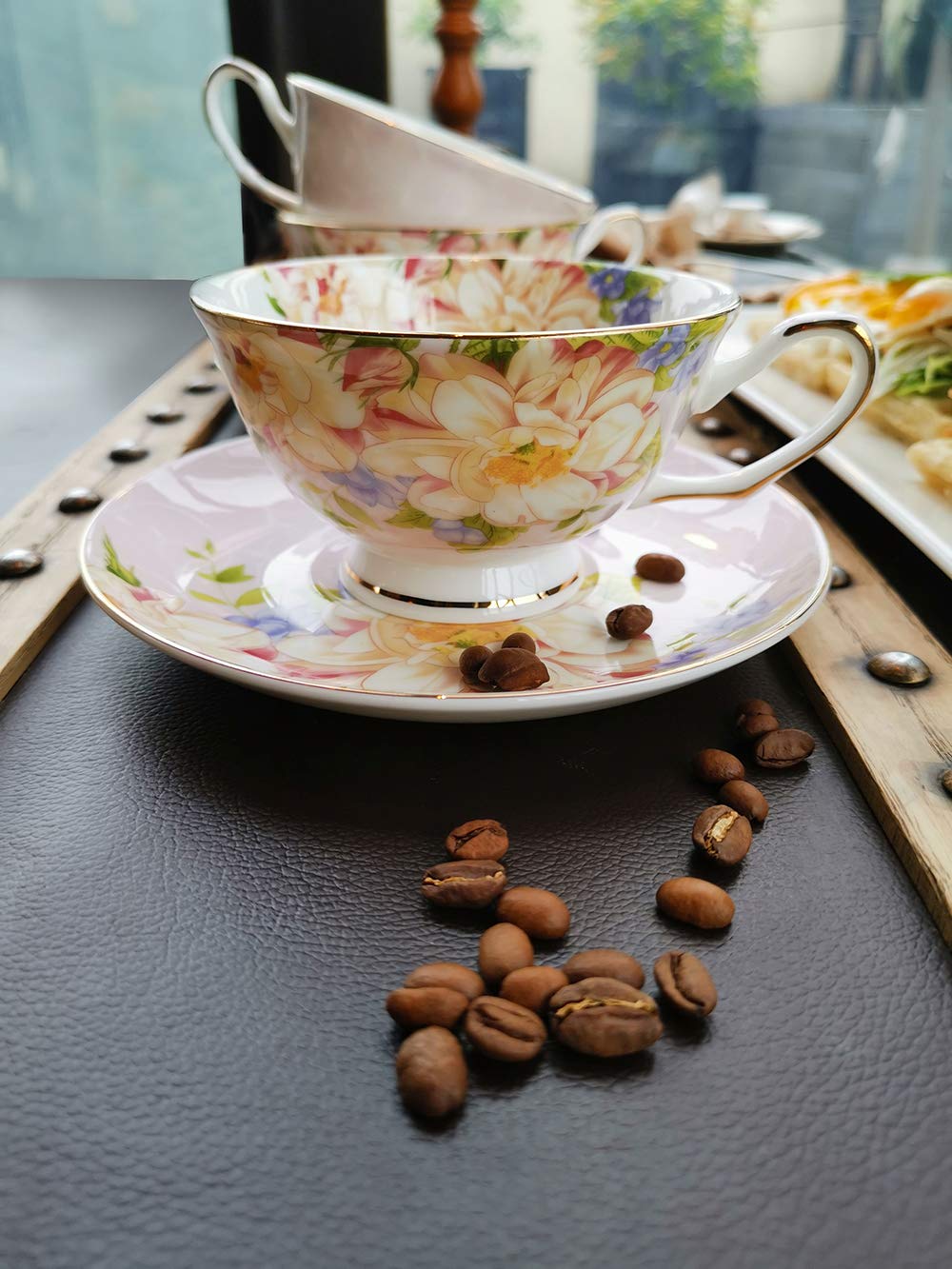 Pink Floral Tea Cup and Saucer Set, Bone China Tea Set, Coffee Cup, 7oz.