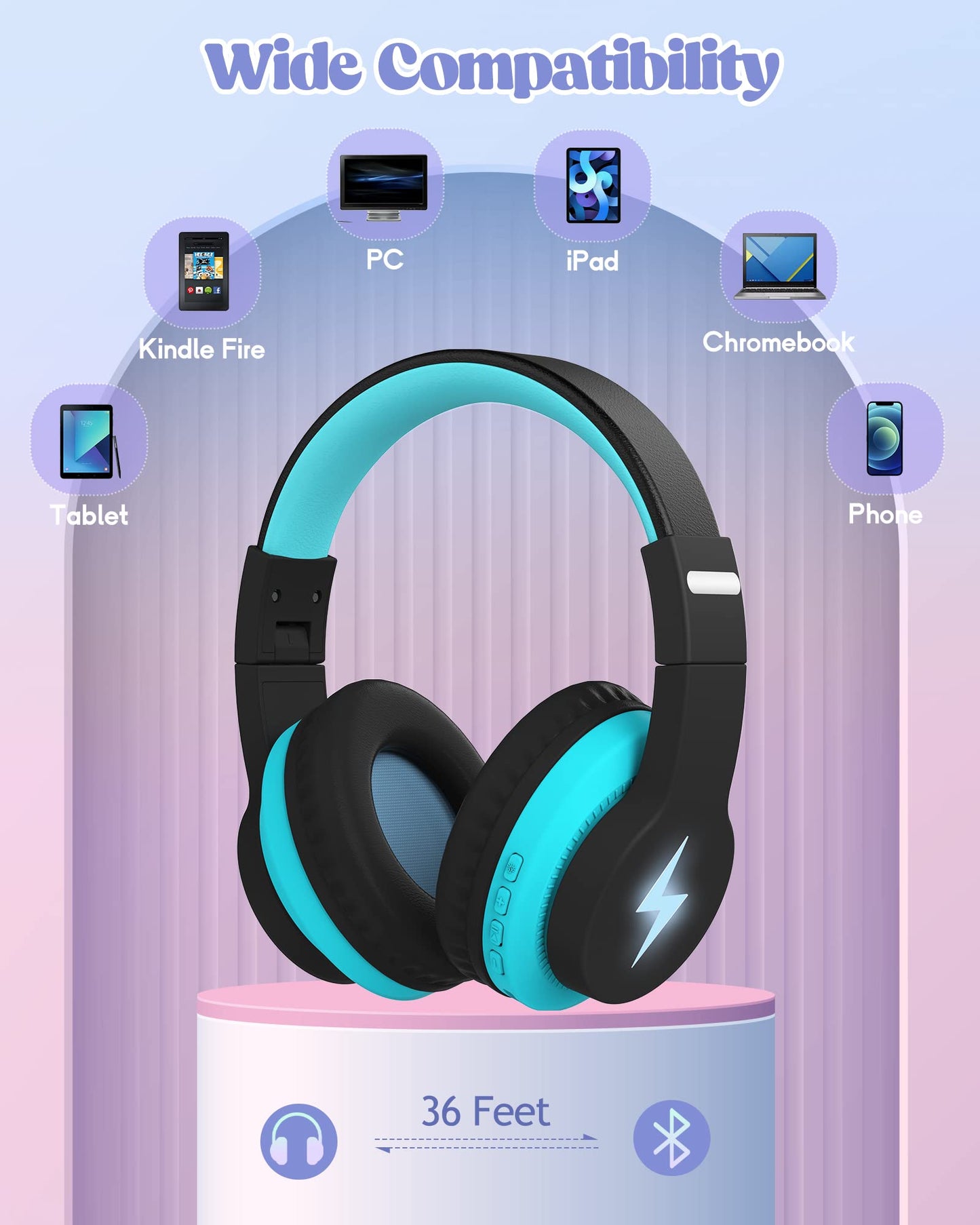 Kids Headphones, Wireless, LED Lights, Built-in Mic, Volume Limited - Blue