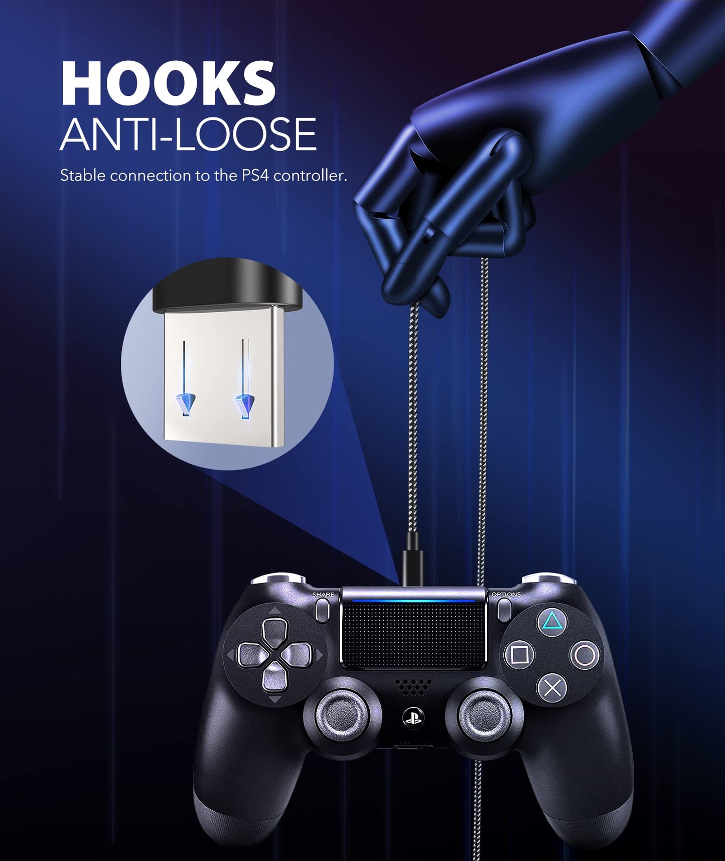 4 CABLES - PS4 Controller Charger Charging Cable 10ft Nylon Braided Micro USB