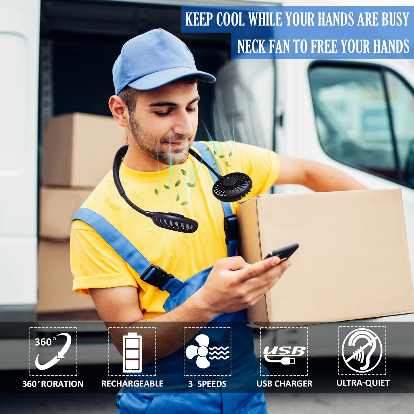 Neck Fan, USB Rechargeable Battery Personal Portable Fan Hands Free 10 Hours NEW