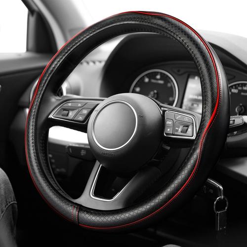 Universal Fit Steering Wheel Cover Protector, Synthetic Leather, 15in, Black/Red