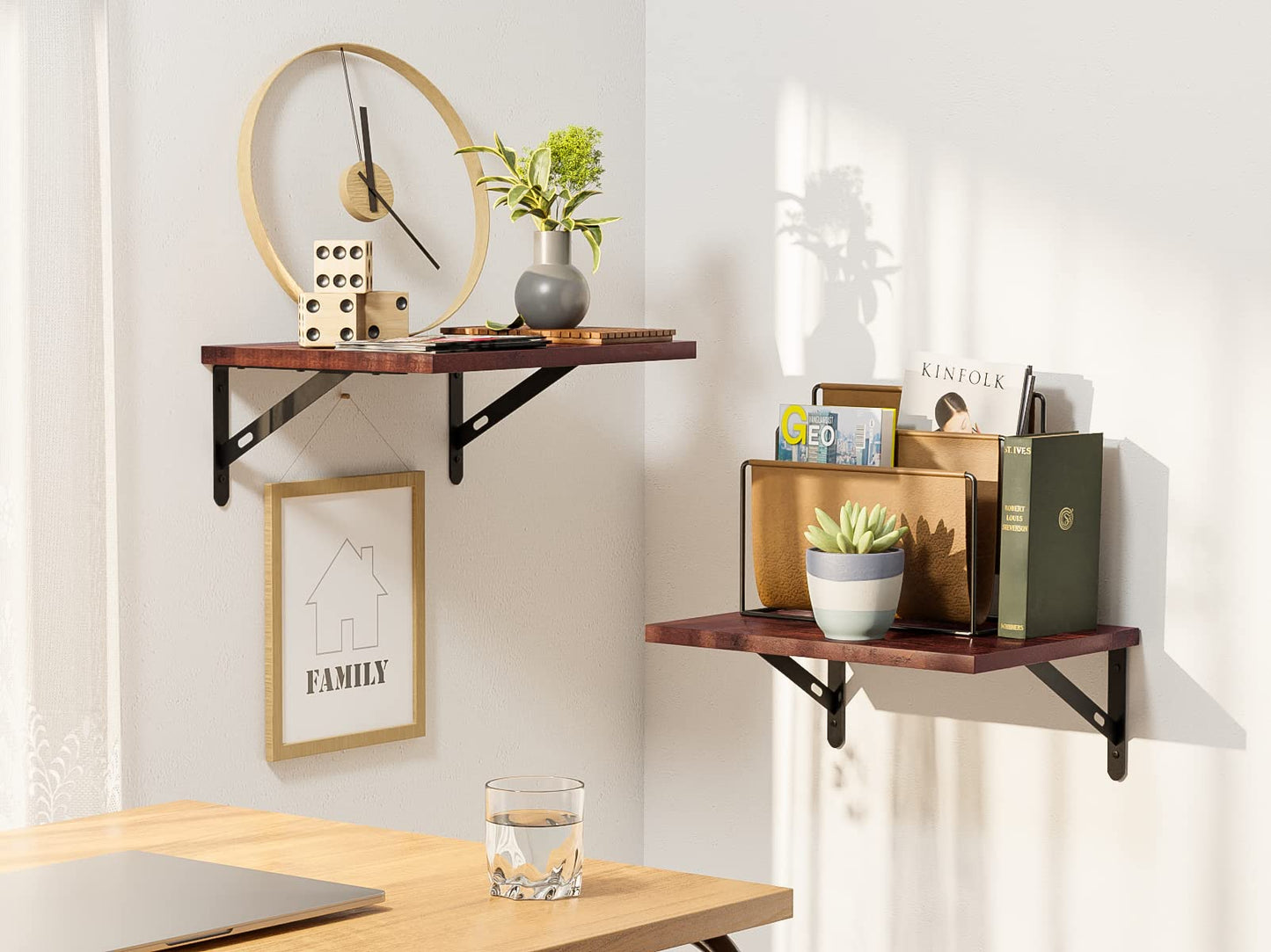 Wall Mounted Floating Shelves, 2 Set Wide Display-Cherry Walnut, 11.8x15.7x6.8in