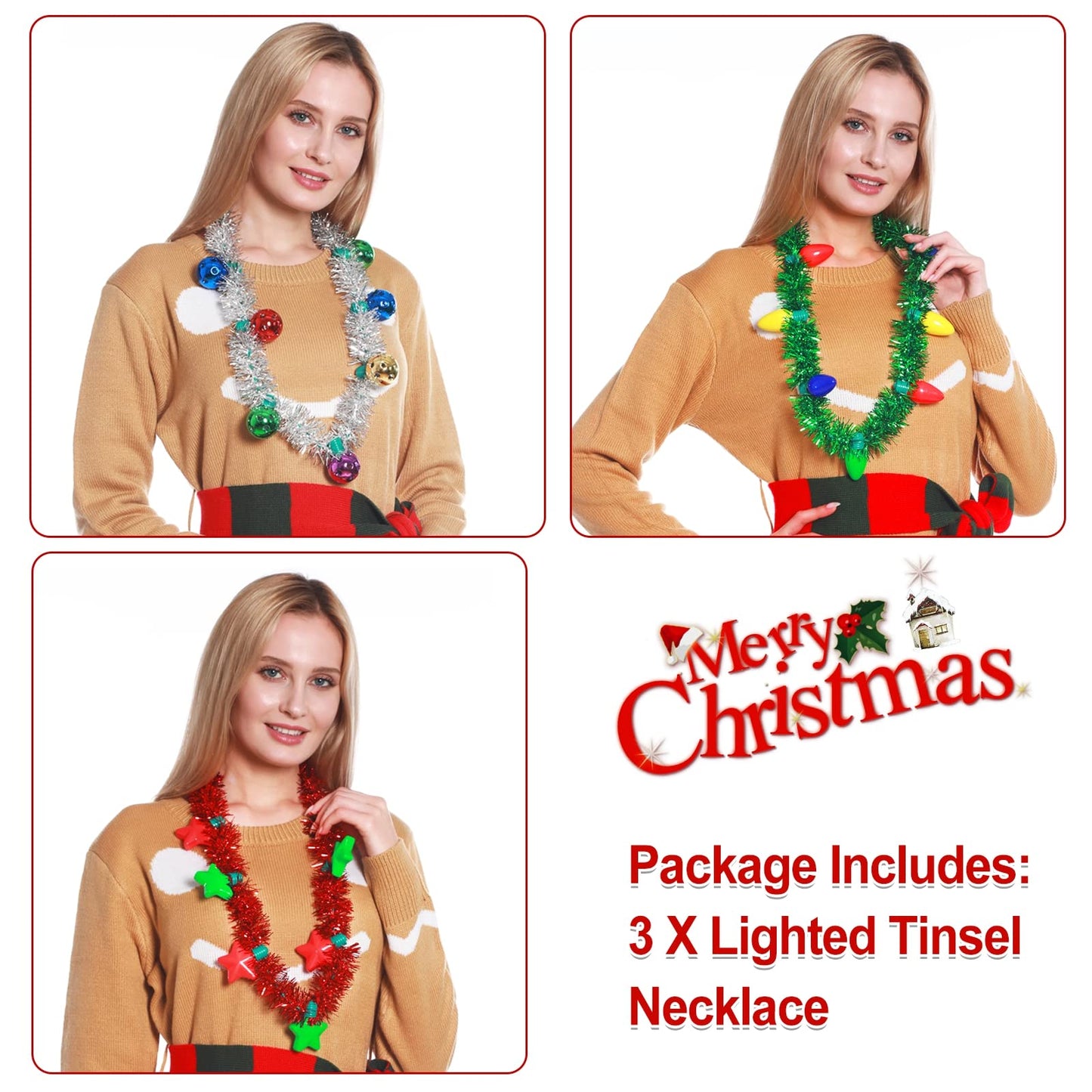 Set of 3 Christmas Necklaces, Tinsel, Garland, Stars & Lights, Party Favors