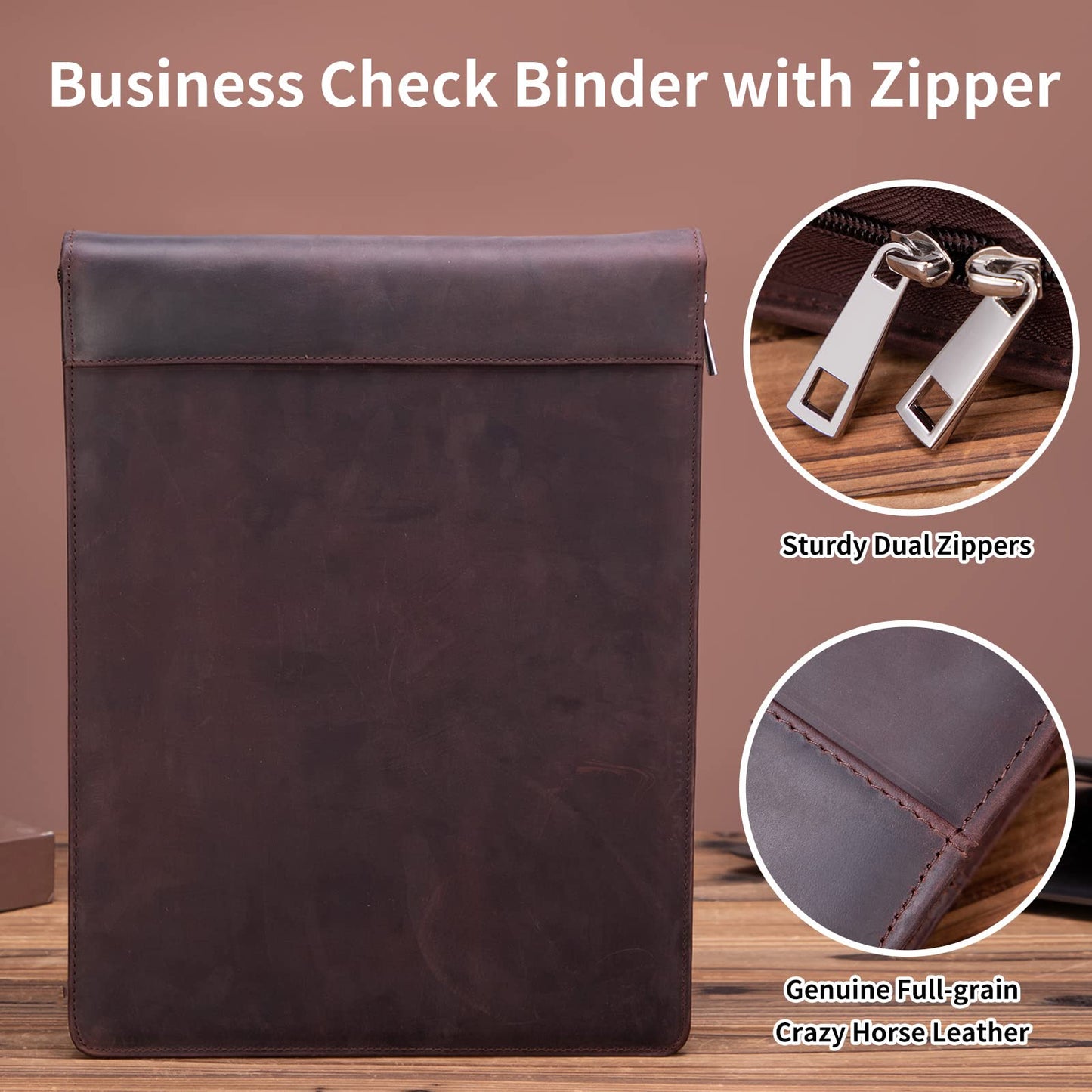 Genuine Leather 7 Ring Check Binder,Business Checkbook Holder 9 x 13” Dark Brown