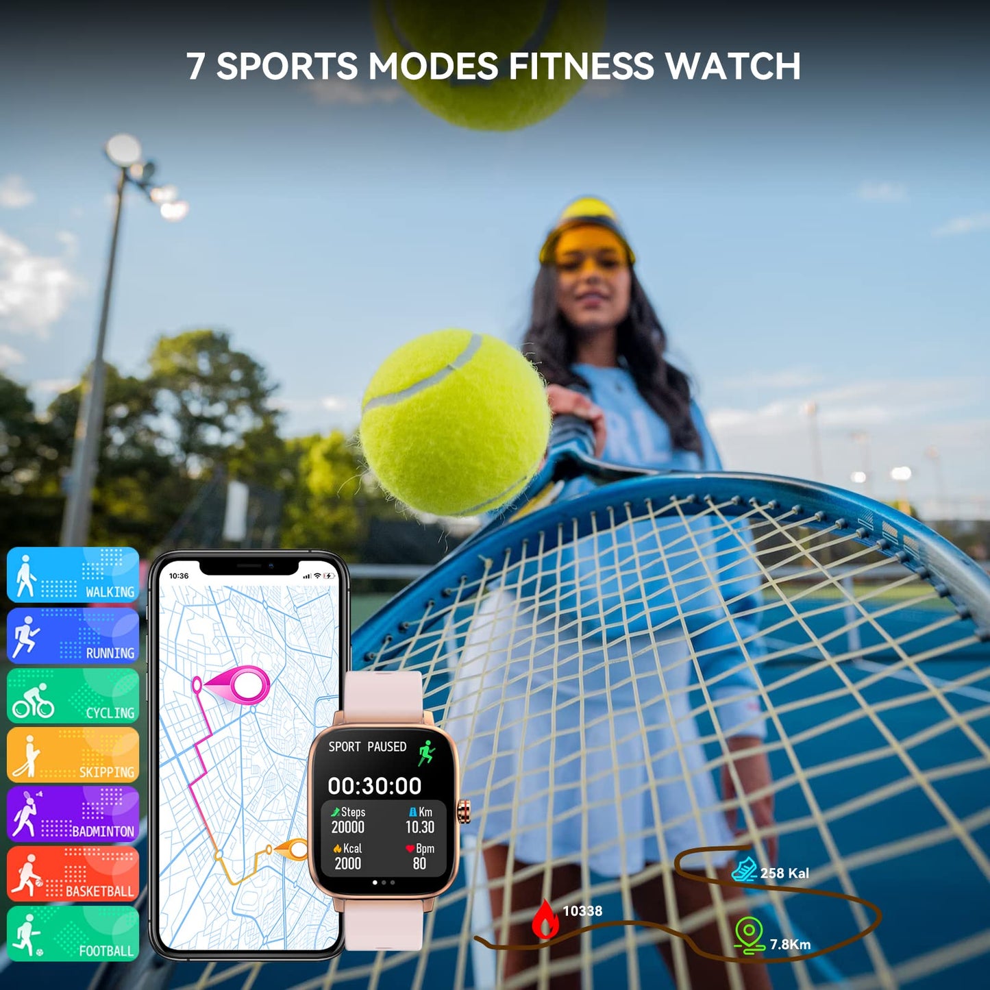 Smart Watch for Android & iOS, 1.7'' screen, Pedometer/Calories/Health/Sleep