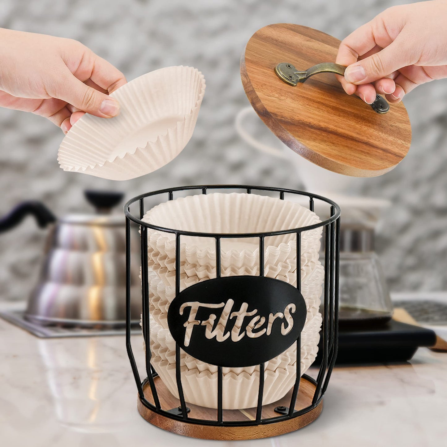 Rustic Coffee Filter Holder with Lid, Acacia Coffee Filter Holder Storage Conta