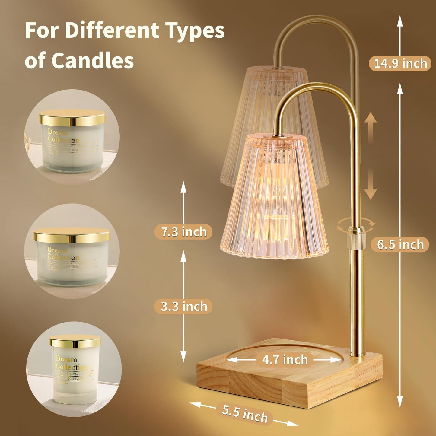 Candle Warmer Lamp with Dimmer, Adjustable Height with 2 Bulbs, (Amber)