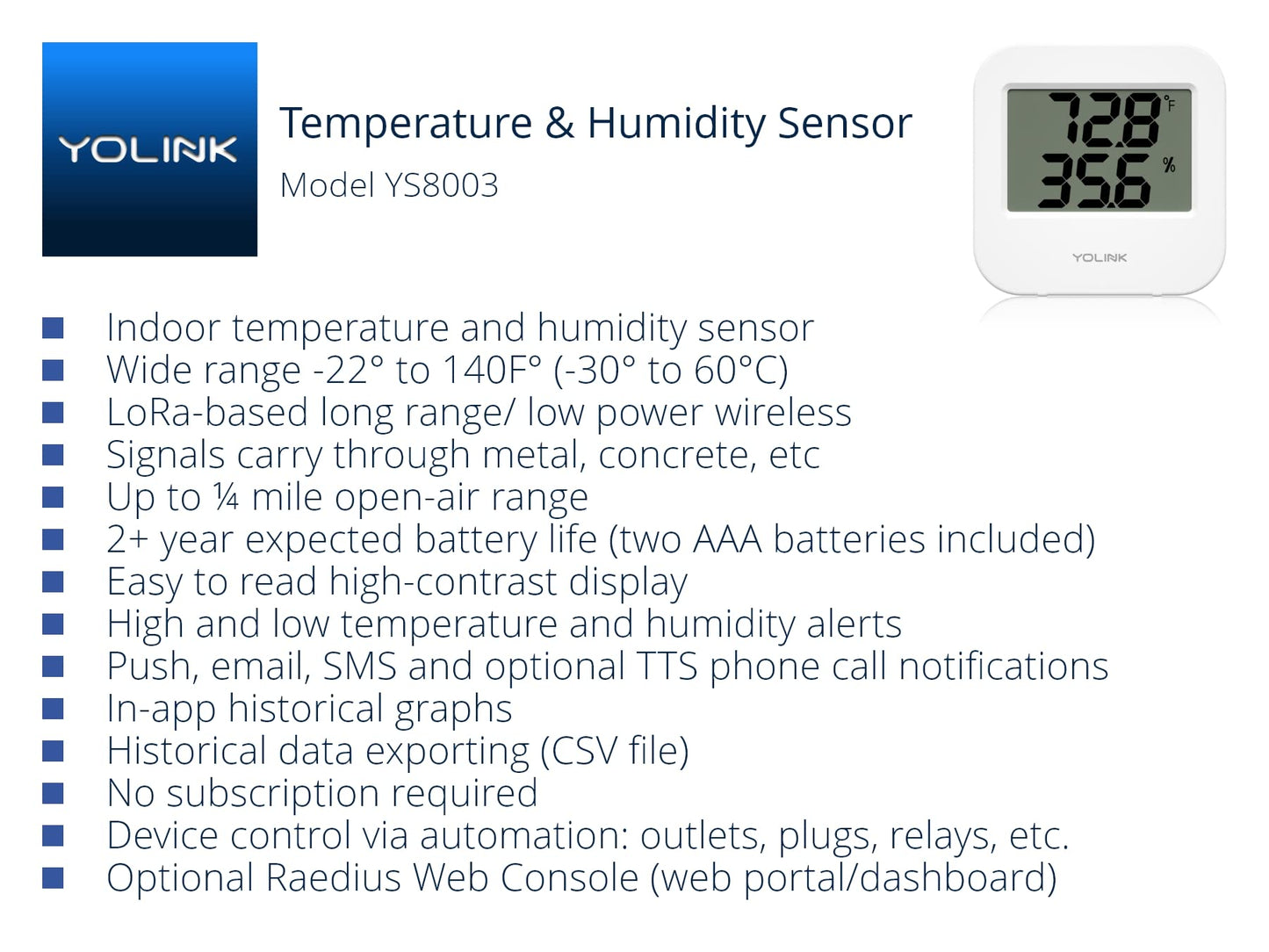 Smart Wireless Temperature/Humidity Sensor Wide Range for Freezer Fridge Monitor