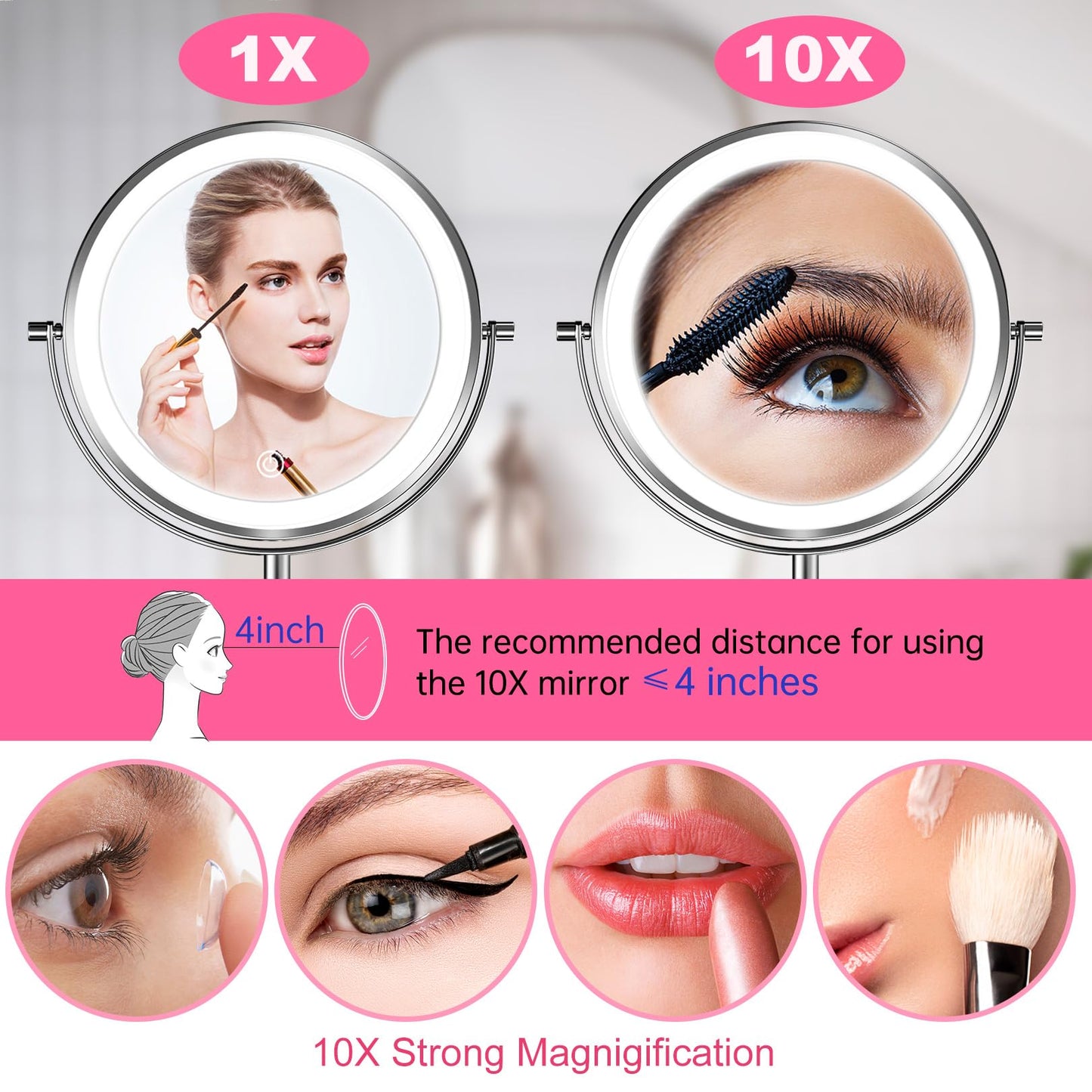 LOVESPEJO Lighted Makeup Mirror with Magnification, 8" 10X, Rechargeable Chrome