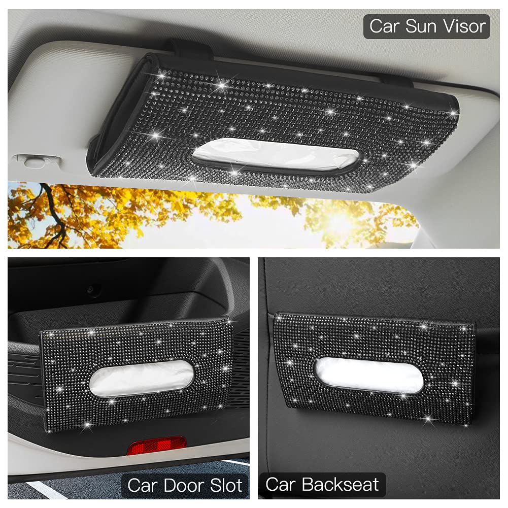 Car Tissue Holder, Sun Visor Napkin Holder Tissue Refill 1 Pcs Black Rhinestone