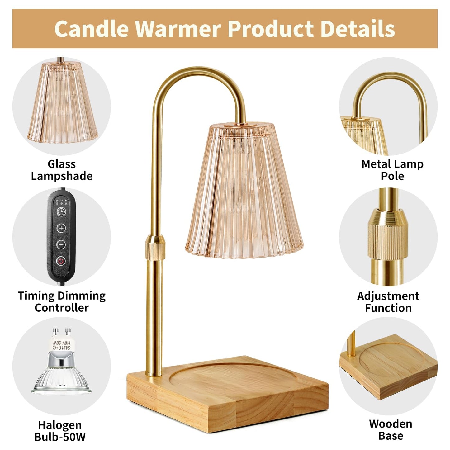 Candle Warmer Lamp with Dimmer, Adjustable Height with 2 Bulbs, (Amber)