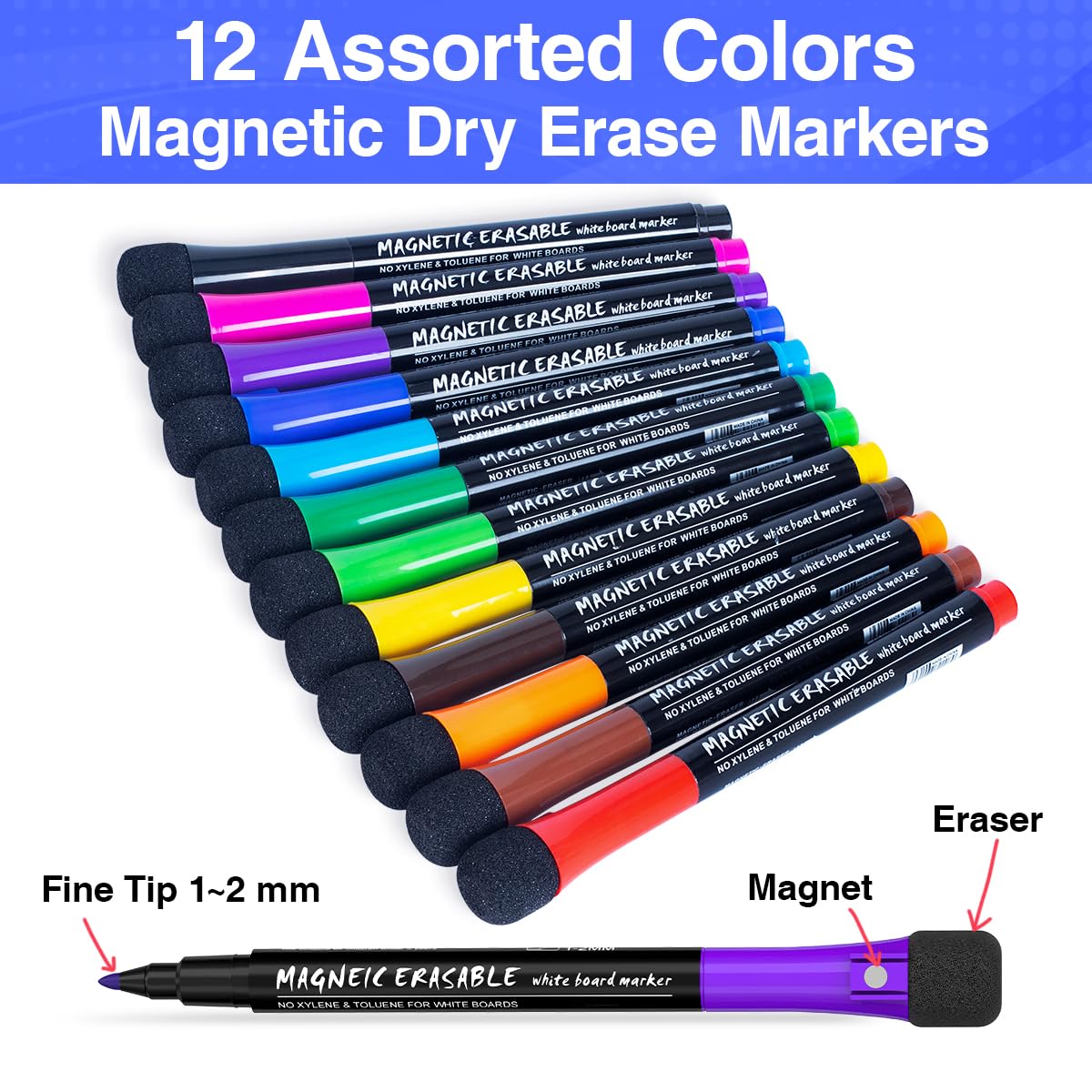 Magnetic Dry Erase Markers, 1-2mm Fine Point Tip, 12 markers/colors per pack
