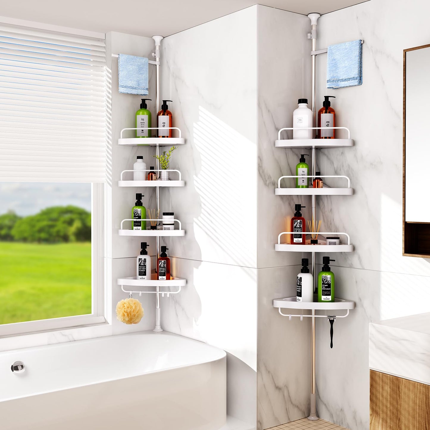 Corner Shower Tension Pole: Adjustable Stainless Steel Organizer 4 Tier Shelf