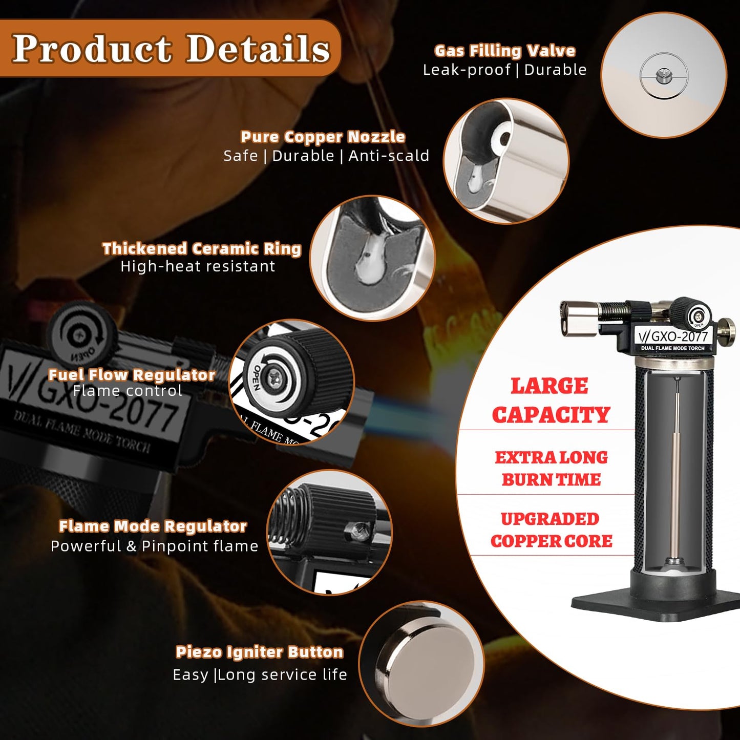 Butane Torch Lighter, Dual Flame Mode Torche, Refillable, Adjustable Flame Blow