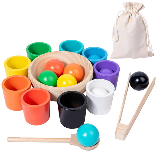 Wooden Balls and Cups Color Sorting Montessori Toy, Pairing Game Set for Kids