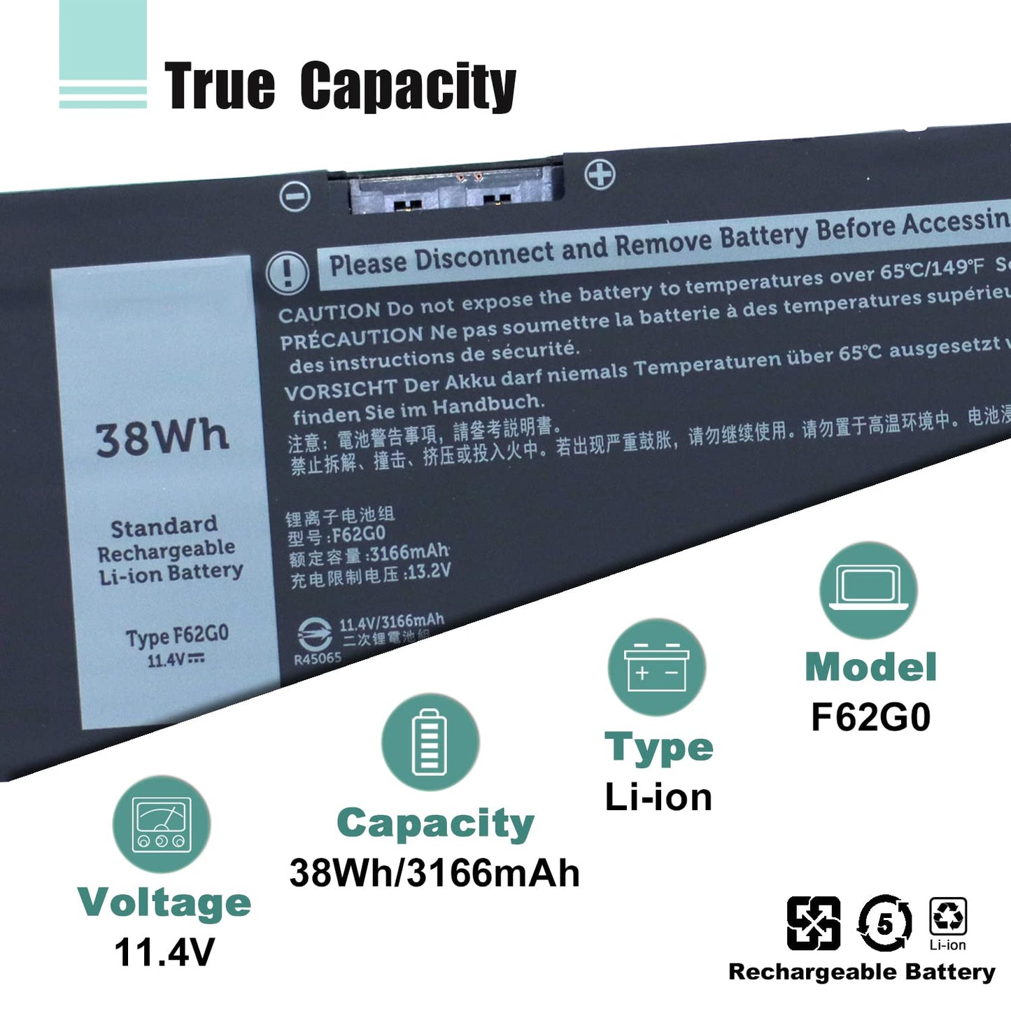 38WH F62G0 39DY5 Battery for select Dell Inspiron 13 7000 & select Vostro 13