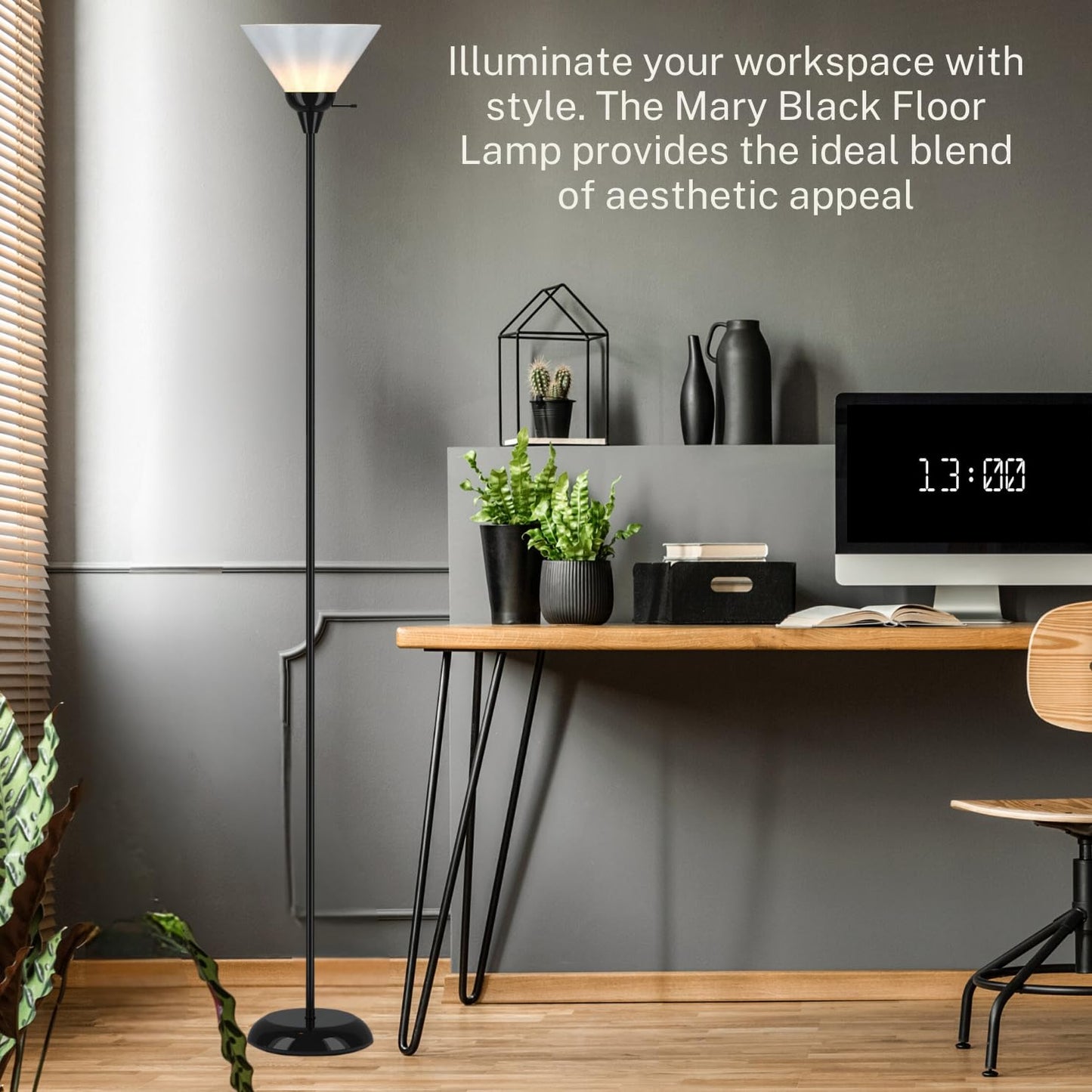 LIGHTACCENTS Black Floor Lamp with Opal White plastic Cone Shade