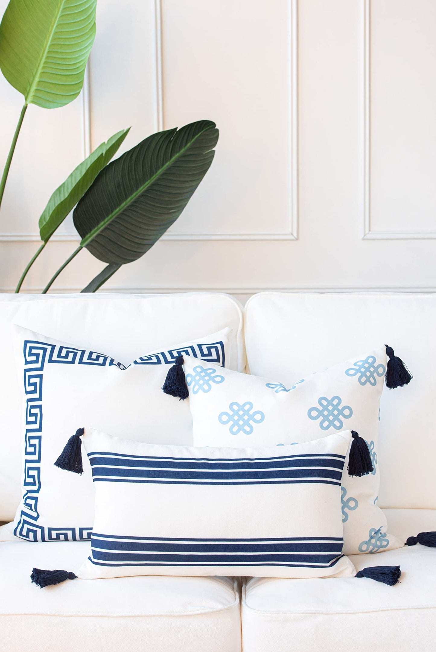 Coastal Patio Indoor Outdoor Pillow Cover ONLYBlue Greek Key Knot Tassel,18"x18"