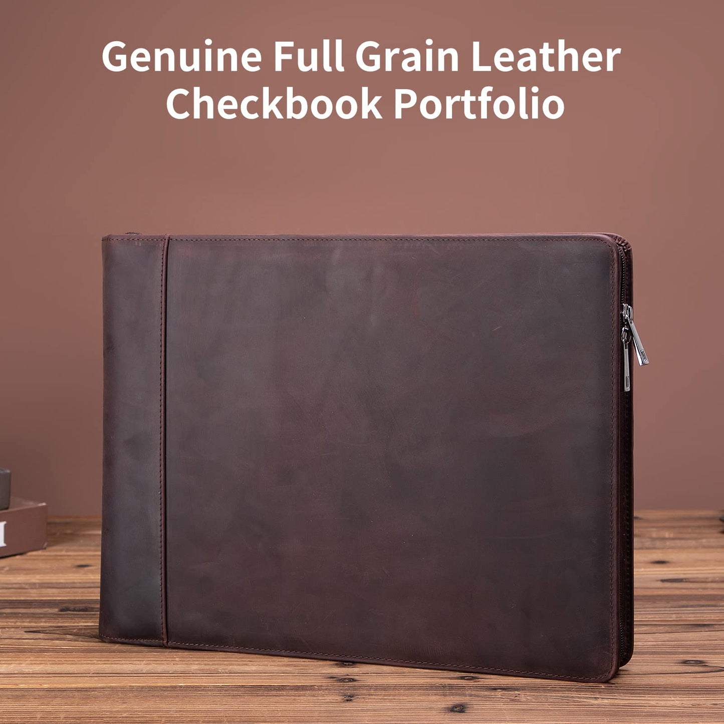 Genuine Leather 7 Ring Check Binder,Business Checkbook Holder 9 x 13” Dark Brown