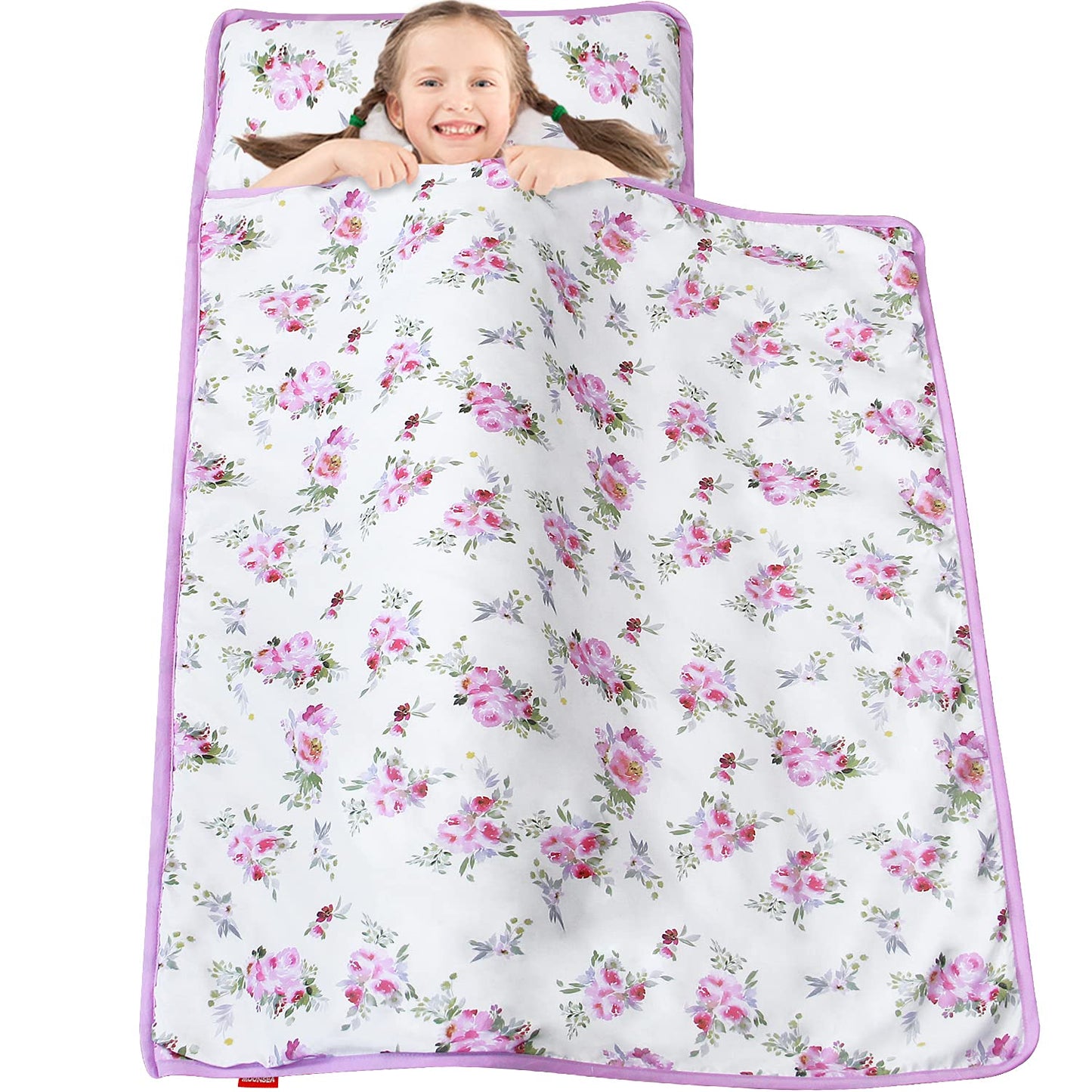 Toddler Nap Mat for Girls Floral with Pillow and Fleece Blanket, Lightweight